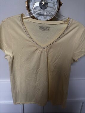 Fahrenheit Pale Yellow V-Neck Short Sleeve Top with Rhinestone Trim